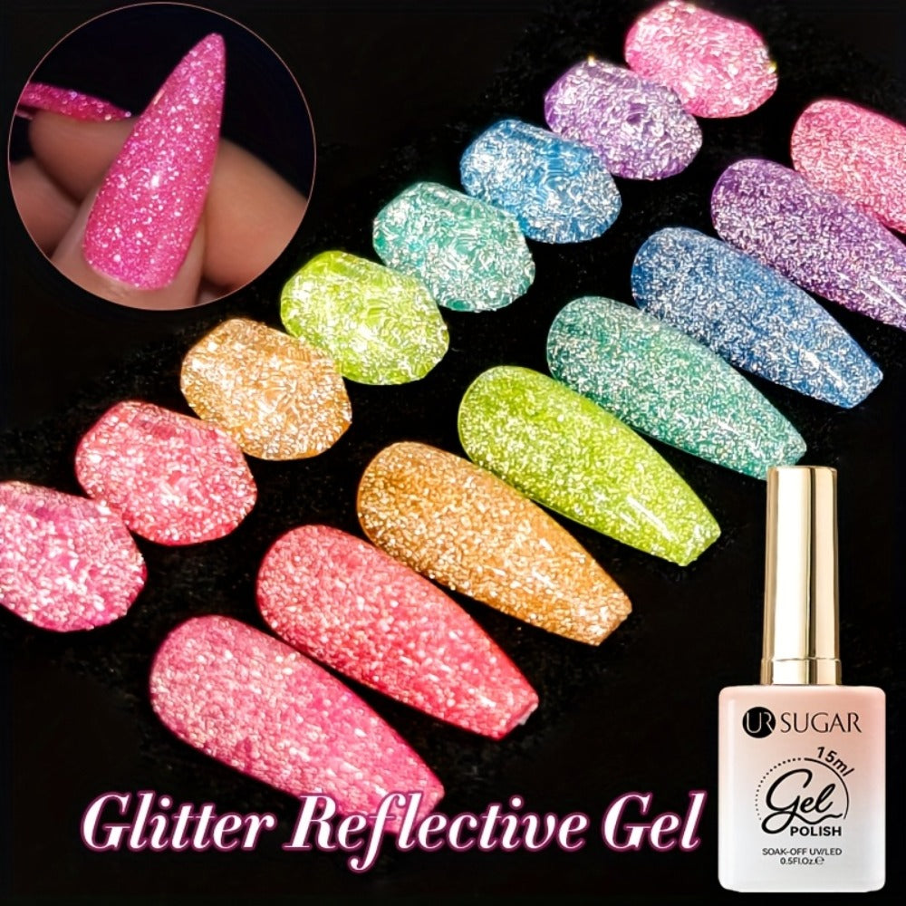 UR SUGAR 0.51oz Shiny Reflective Gel Nail Polish Fluorescent Dark Flashy Shinning Glitter Semi Permanent Nail Art Neon Soak Off LED Lamp Gel Varnish Manicure