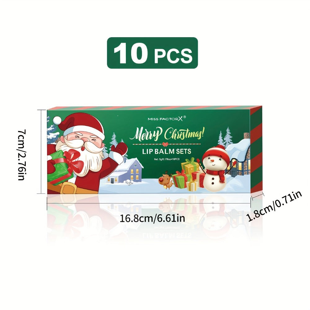 Lip Balm Set 10-Pack Christmas Gift — MISS FACTORX Moisturizing Lipstick Collection with Vitamin E, Natural Look, All Skin Types, Holiday & Valentine’s Day Gift for Women