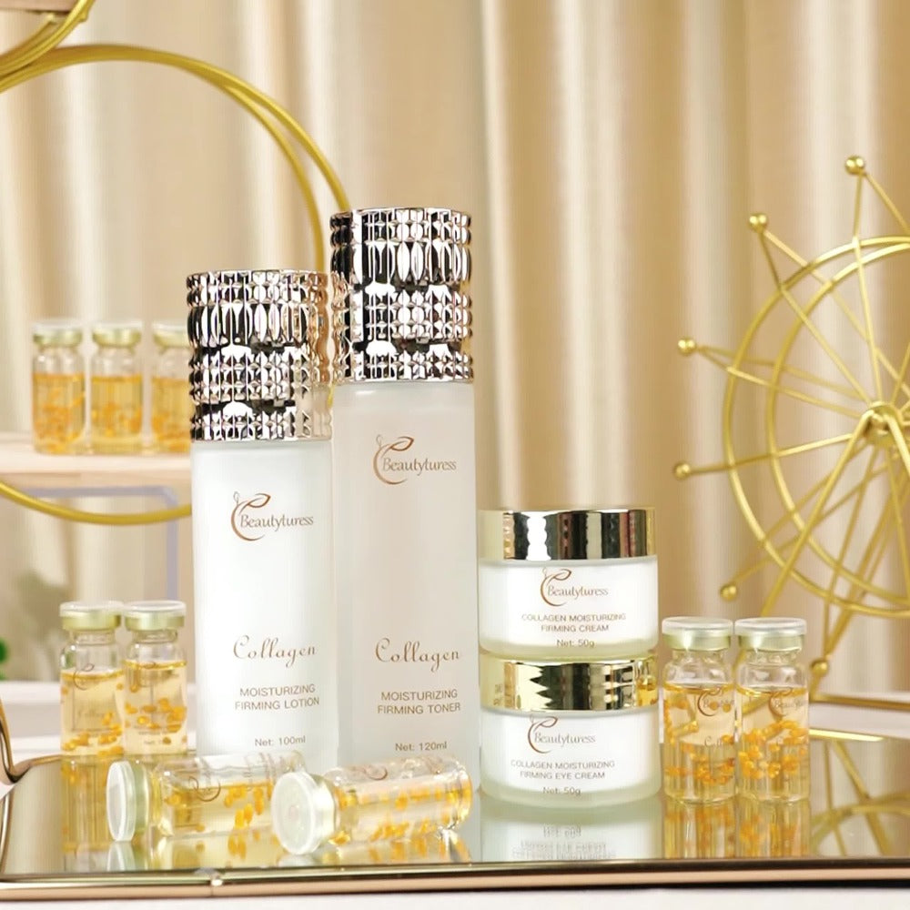A Luxurious 14-Item Collagen Skincare Collection for Women, Designed to Hydrate And Firm The Skin with Sodium Hyaluronate And Niacinamide. It Offers Deep Moisture And Brightening Effects, And Comes in a Perfect Gift Box That Includes a Face Toner