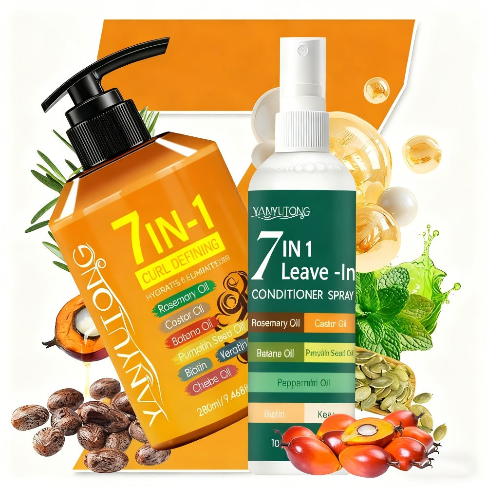 Hair Styling Cream & Leave-In Spray 2-Pack 7-in-1 Formula with Rosemary Castor Batana Pumpkin Seed Oils - Anti-Frizz Moisture Curl Enhancer for All Hair Types 9.47oz + 3.38oz