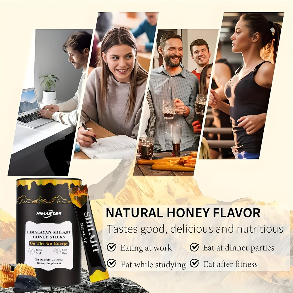 Himaster Shila Honey Sticks, 30 Sticks 1 Bottle Easy to Consume, Shila for Support, Vitality, 85+ Trace Minerals, 75%+ Fulvic Acid for Men & Women Himalayan Shila Sticks with Honey & Saffron