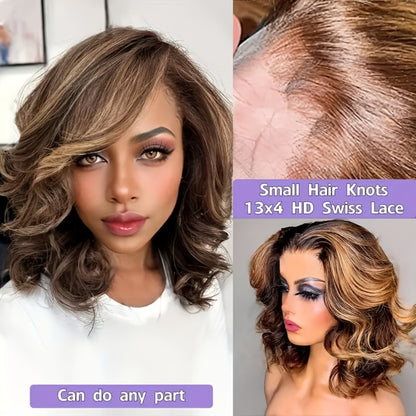 Lace Front Wig Human Hair 13x4 HD — Honey Blonde Ombre Body Wave Pre-Plucked Brazilian Bob Wig with Baby Hair, Glueless Gradient Color Loose Wave Wig for Women