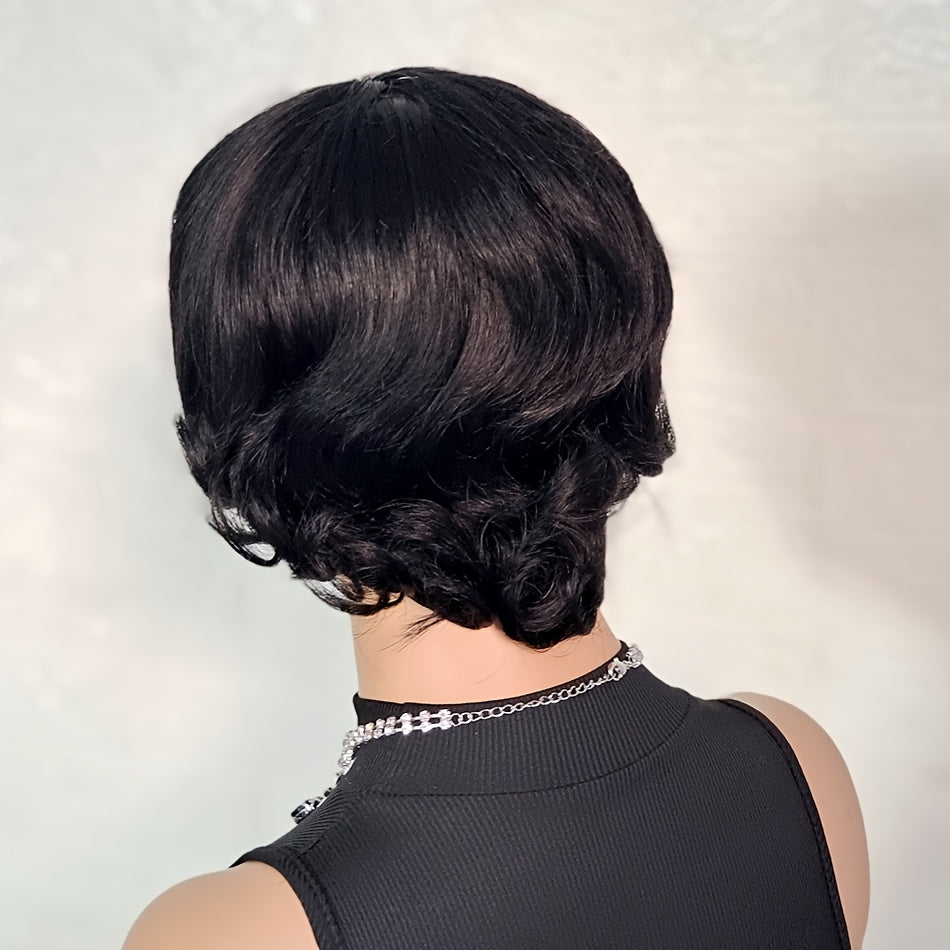Brazilian Human Hair Wig Suitable for Skin Tones - Short Pixie Cut with Bangs, Glueless Layered Machine-Made Wig, Density & for Daily Wear, Throw-On-and-Go Short Black Hairpiece