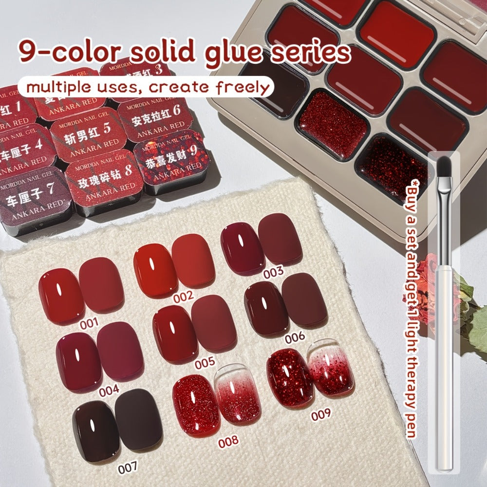 MORDDA 9pcs/set Ancola Red Solid Glue -- New Spring And Summer Nail Products Multifunctional Solid Nail Polish With Gradient Effects With Shiny Gloss And Fashionable LED Nails In High Saturation Colors A Top Choicefor Women's Manicures DIY