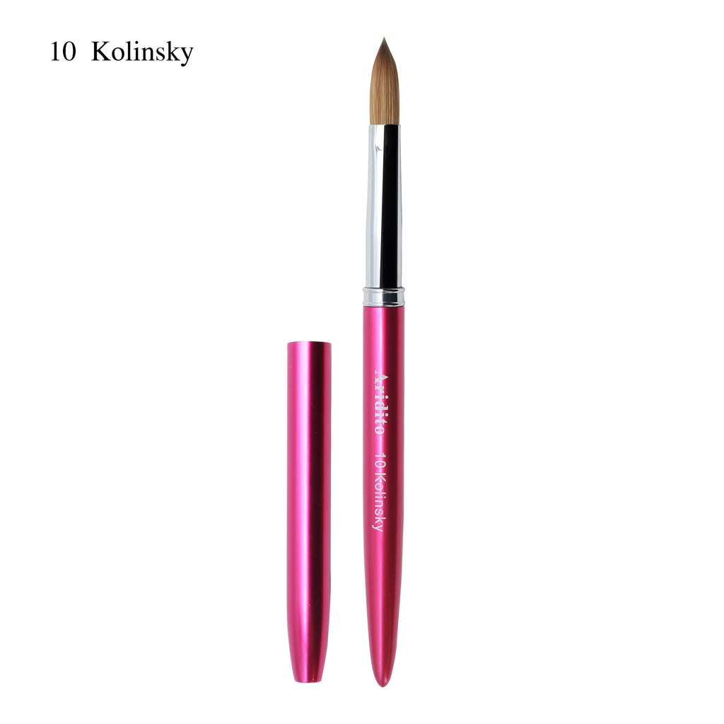 Aridito Professional Acrylic Nail Brush with 100% Kolinsky Hair - Flat Shape, Rose Red Handle & Cap for Manicure and Pedicure (Sizes 8, 10, 12, 14), Nail Art Accessories | Sleek Finish | Kolinsky Hair Bristles
