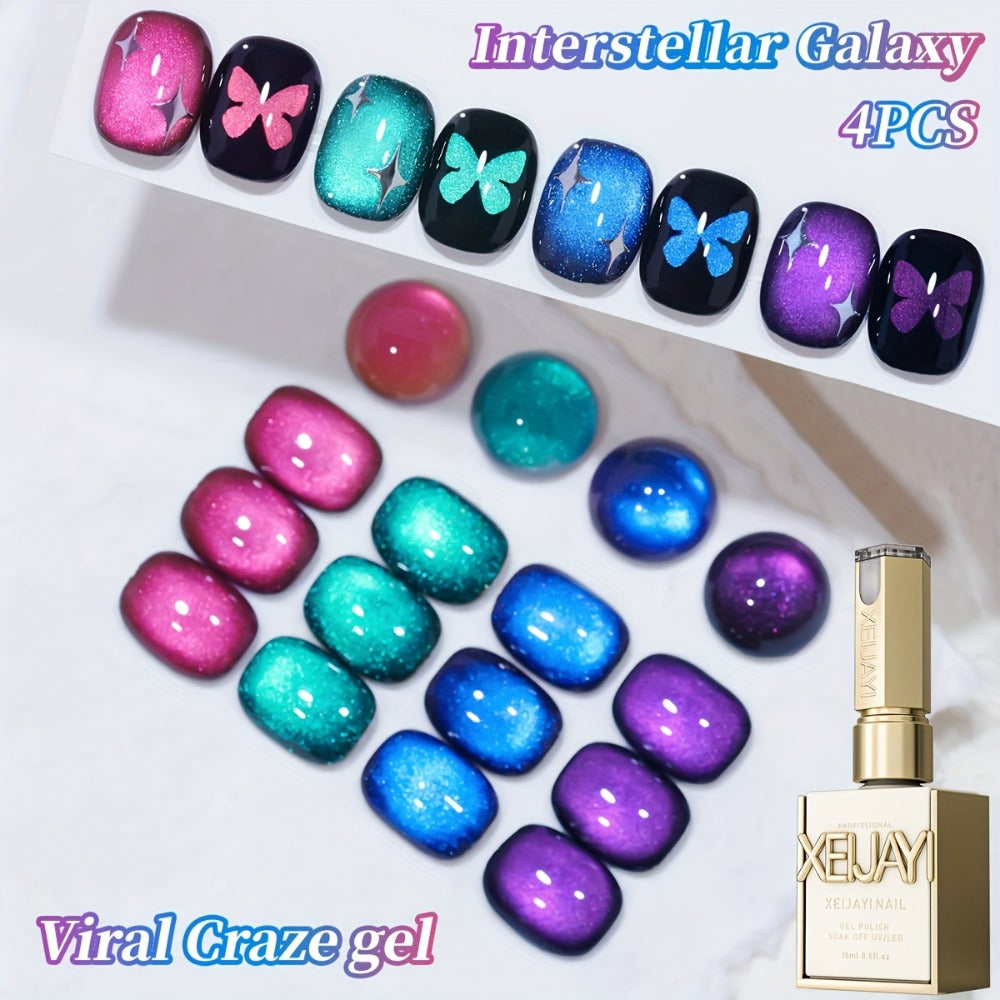 Cat Eye Gel Polish 4-Color Set - Interstellar Galaxy Series Magnetic Nail Polish with Dazzling Shiny Luster, Strong & Non-Damaging UV Gel for Salon Nail Art