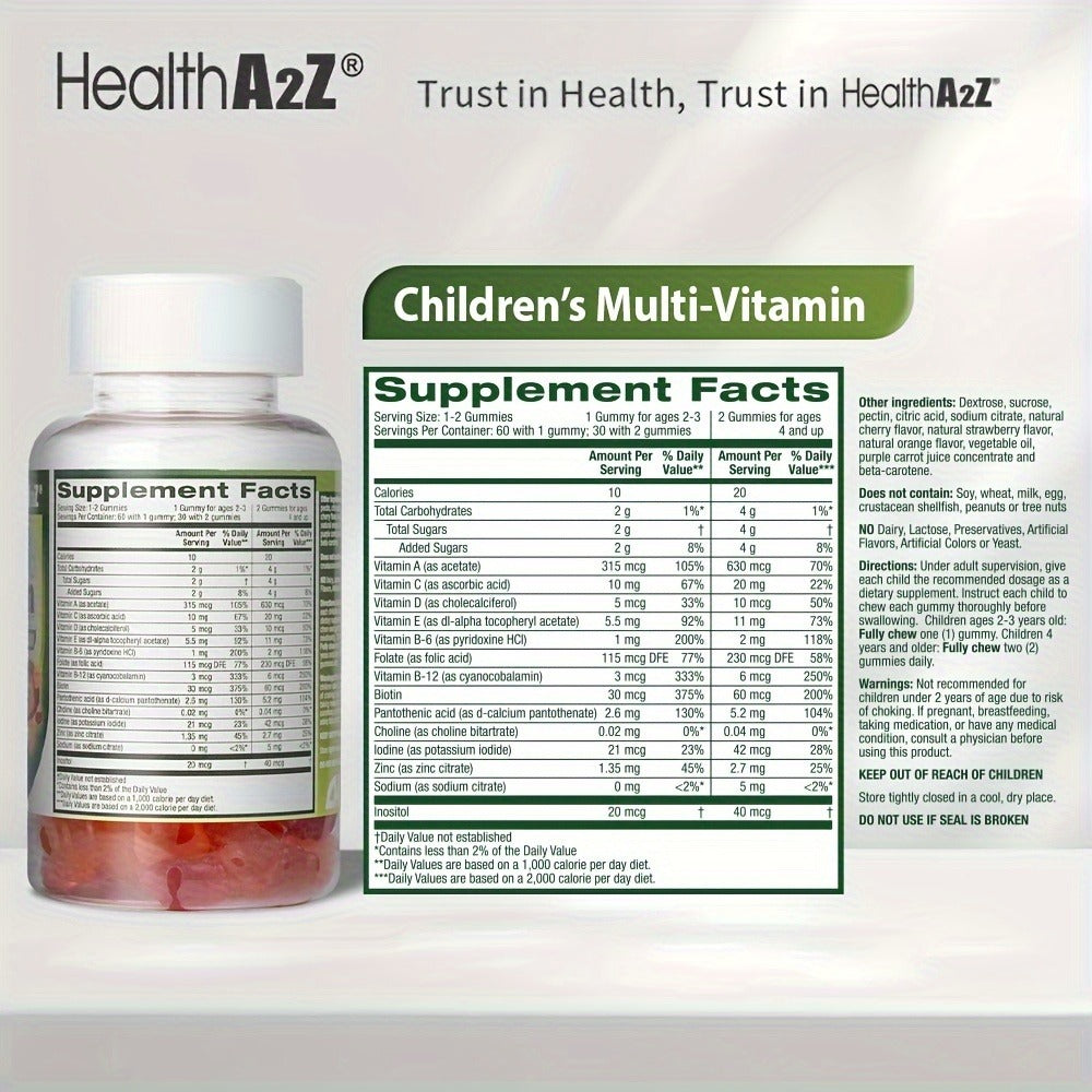 Kids Multivitamin Gummies 60ct with D3, Vitamins A, C, E, B6, B12, Folic Acid, Zinc & Choline for Brain, Eye, Bone & Immune Support, Appetite Boost & Healthy Growth for Children