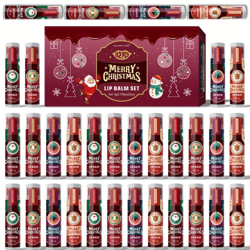 Lip Gloss & Balm Set 32 Pcs — MISS FACTOR Christmas Style, Long-Lasting Hydration, Smudge-Proof, Lipstick-Like Tubes, Holiday Gift for Women & Men