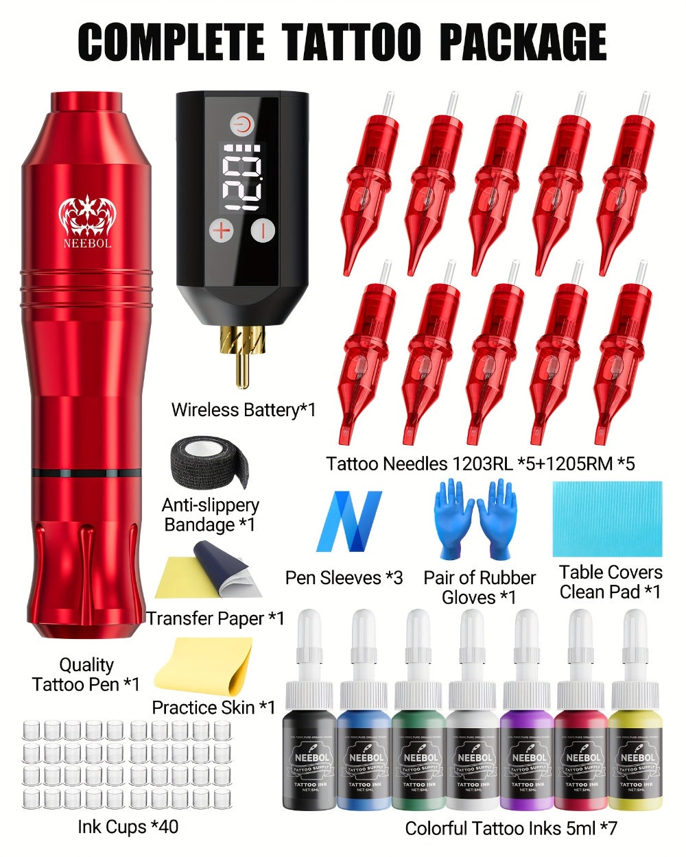 Neebol Wireless Tattoo Machine Kit Complete, Tattoo Pen With Screen Display, Tattoo Gun, 6 Hours Battery Life, Practice Skin, 10 Red Cartridge Needles, 7 Inks, Tattoo Supply Equipment For Beginners And Tattoo Artists, Makeup Body Art Easter Gifts