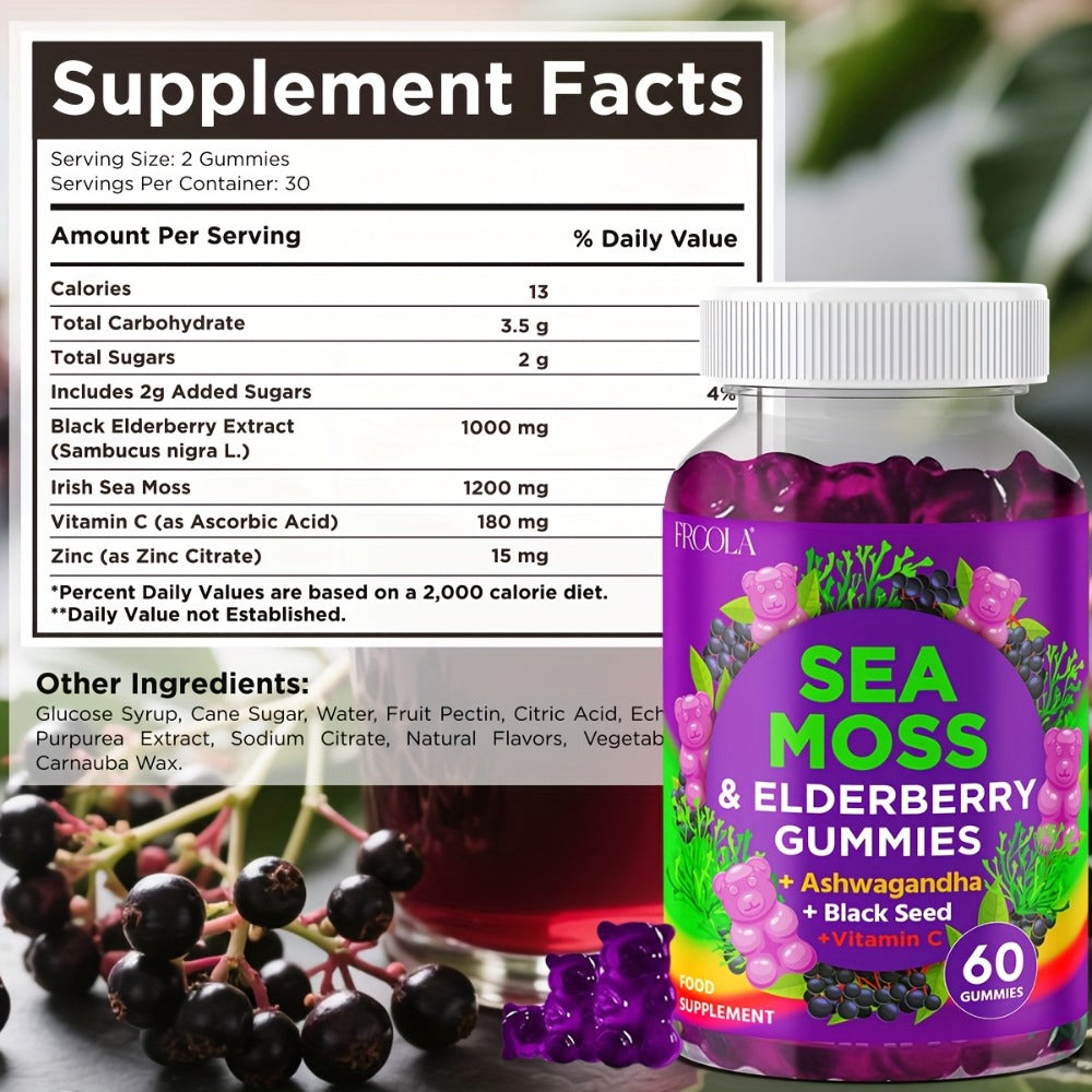 Sea Moss Gummies, with Turmeric, Ashwagandha, Sea Moss, Black Seed Oil, Ashwagandha, Ginger, Shilajit Gummies with Elderberry, Advanced Seamoss Vitamin Multi Mineral Complex Supplement Gummis for Energy, Immune- 60 Count