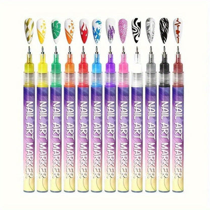 Acrylic Nail Paint Pen Set 12 Colors - Metal Rod Nylon Brush Nail Art Pens, Quick-Dry 3D Doodle Dot & Stitching Detail Pen for Home & Salon, Long-Lasting Nail Design Tools