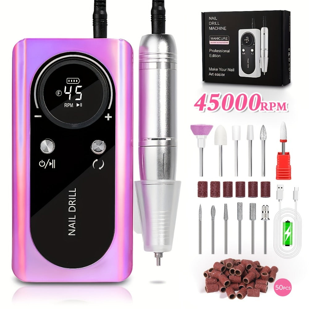 45000RPM Electric Nail Drill Machine with LCD Display Low Noise Rechargeable Manicure Machine for Polishing Gel Nail Polish