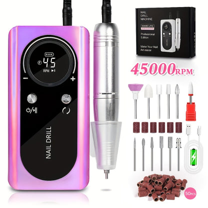 Nail Drill Machine 45000RPM Low Noise Rechargeable — Electric E-File with LCD Display for Gel Polish Acrylic Natural Nails, Professional Quiet Manicure Polishing Tool for Home & Salon, White Purple Pink
