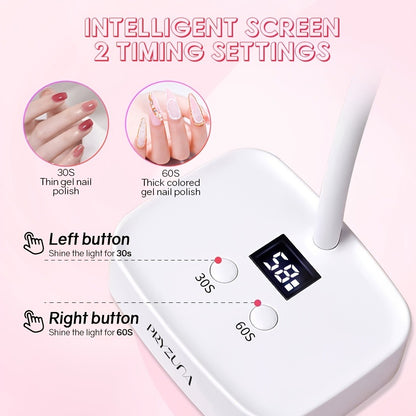 Portable LED Nail Lamp Gooseneck 360° Flexible USB Rechargeable Gel Nail Dryer with Auto Sensor LCD Display 2 Timer Settings Quick Dry for Home Salon Gel Polish Nail Art White