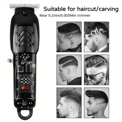 Electric Hair Clipper for Men & Women — Rechargeable Professional Trimmer with LED Display, Transparent Shell Design, Portable Haircut Kit for Home & Salon Use