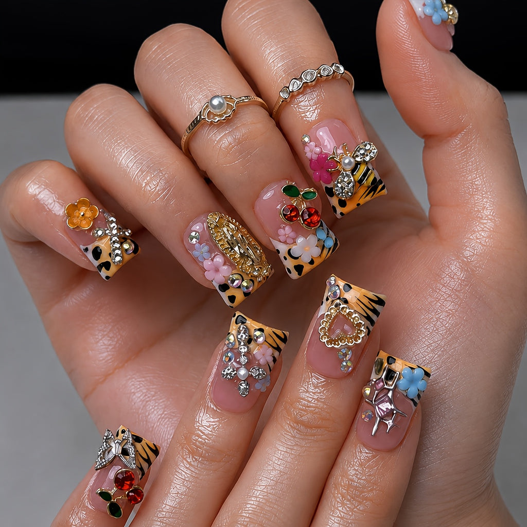 10pcs Y2K Yellow Striped Short Duck Press On Nails, Handmade Acrylic Nails with Cherry, Bee, Flower Rhinestone, Cross & Star Decor, Summer Daily Party Vacation Nail Set, Gift for Women And,Suitable for Graduation Photo Day