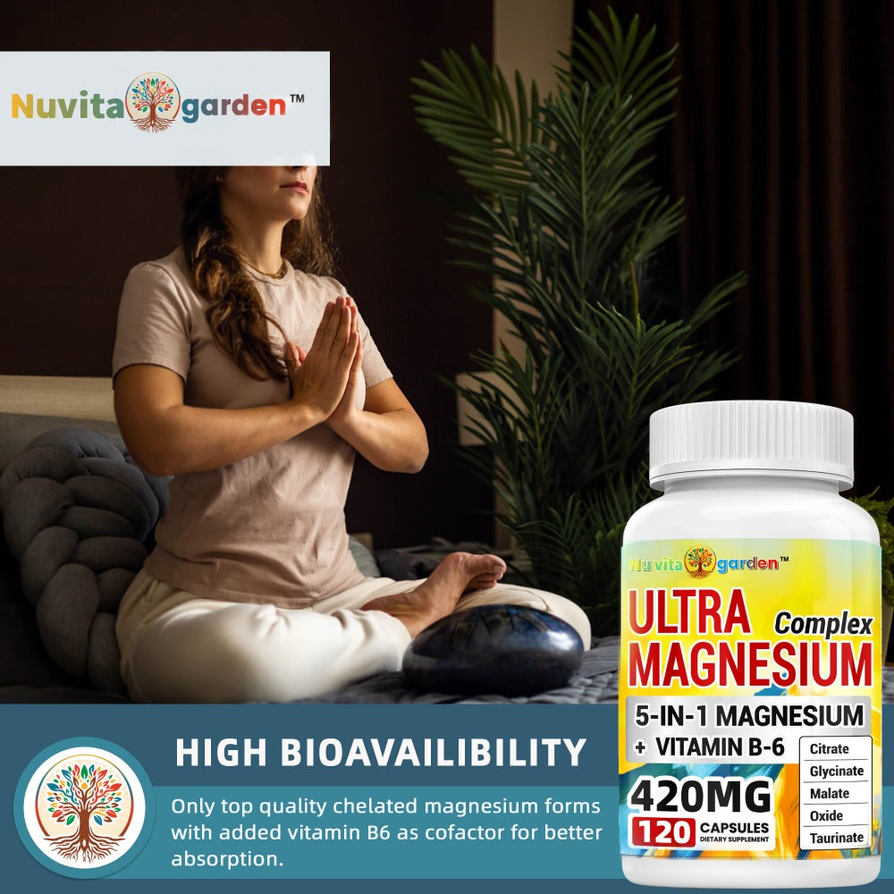 5-in-1 Magnesium Complex + Vitamin B6 Supplement - 420MG - High Absorption Magnesium Supplement for Sleep, Nerves, Muscles, Bones, 120 Capsules