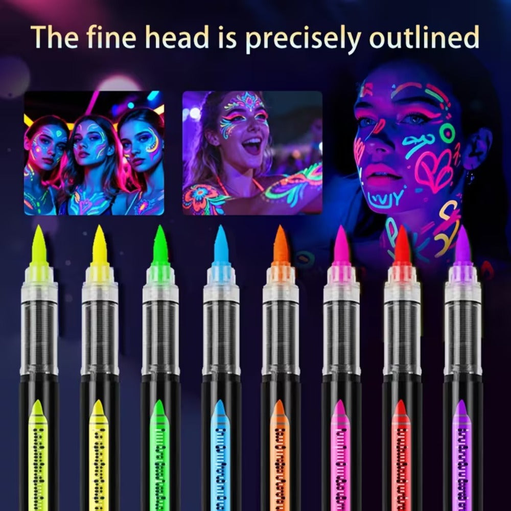 Face Body Paint Pen Set 8 Colors with 105 Tattoo Stencils - Glow in the Dark Neon Face Paint Easy Apply for Party Halloween Festival Stage Body Art
