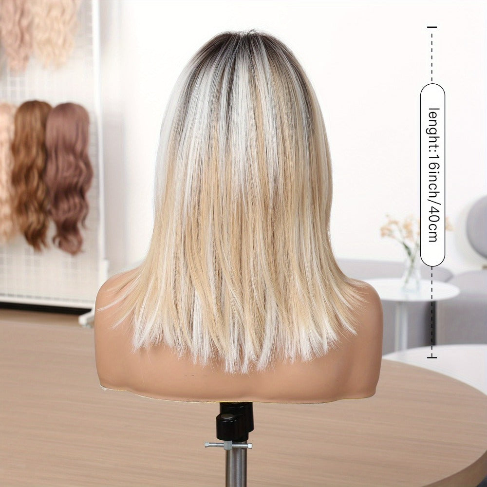 16 Inch Women's Elegant Gradient Platinum Blonde Shoulder Length Hair with Bangs, Chemical Fiber Wig Rose Hairnet High Temperature for Various Occasions