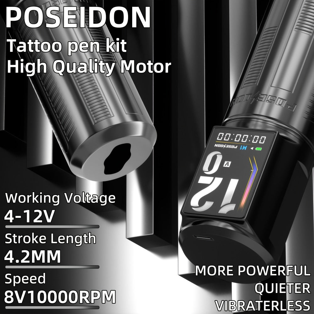 POSEIDON Tattoo Kit, Tattoo Pen Kit, Wireless Rotary Tattoo Gun Kit, LED Color Screen Tattoo Machine Kit 2300Mah with 10pcs Tattoo Cartridge Needles And 11 Tattoo Inks, Tattoo Supplies for Beginners