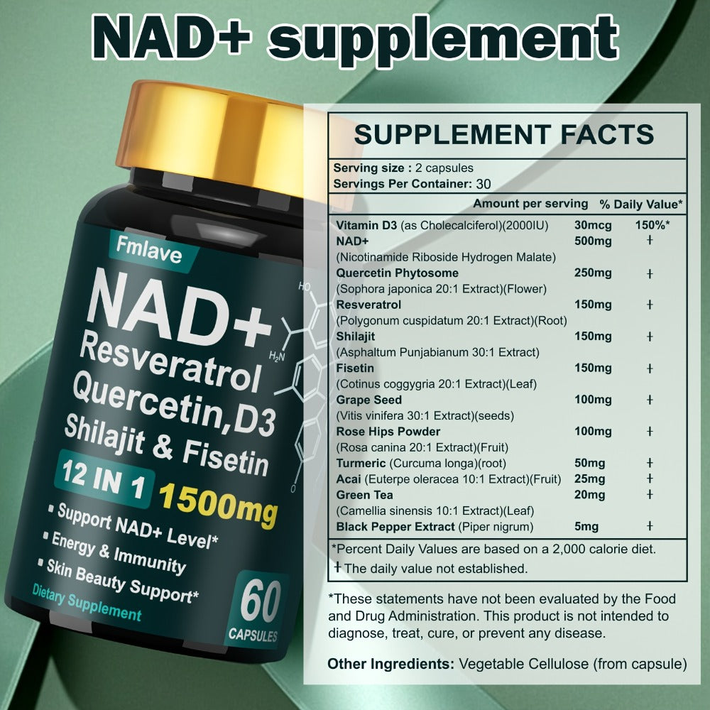 [NAD+YOUTH BOTTLE] 1500mg Per Serving] 12in 1 NAD+YOUTH BOTTLE- Extract With Nature Plants, Containing Nicotinamide Riboside, Quercetin, Support To Be Younger, Immune & Energy & Focus For Man & Women & Adult, 60 Capsules