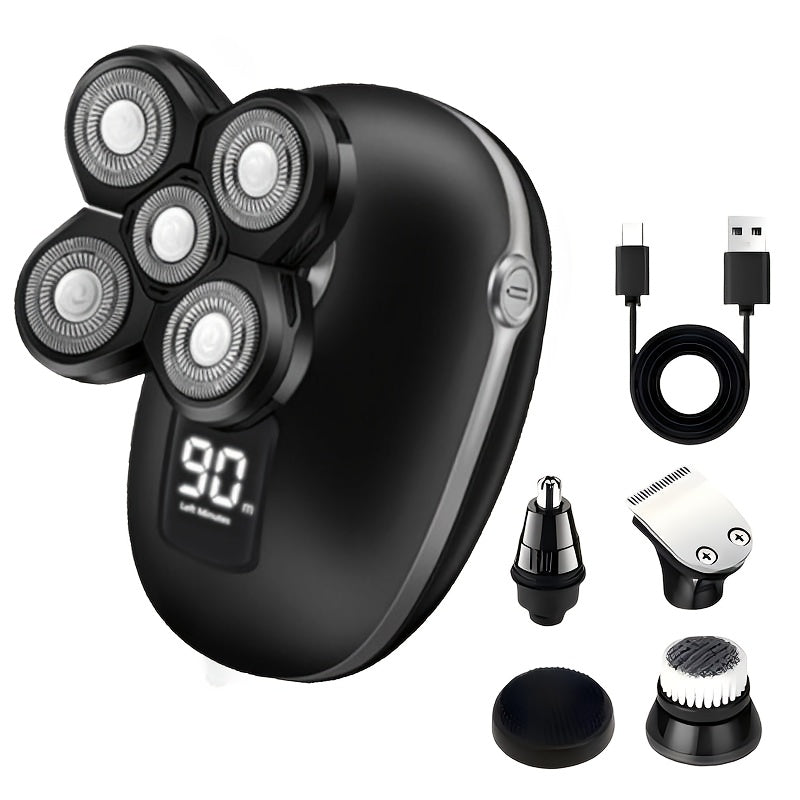Electric Shaver 5-in-1 for Men & Women - IPX6 Waterproof Body Hair Trimmer, USB Rechargeable Grooming Kit, Interchangeable Heads for Bald Head, Hair, Nose, Sideburn & Facial Cleansing