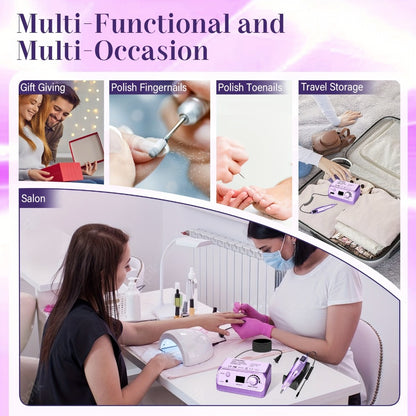 Electric Nail Drill 35000 RPM with 100 Sanding Bands and Drill Bits Kit for Acrylic Gel Nails Manicure Pedicure Salon Home Use Purple Pink Black