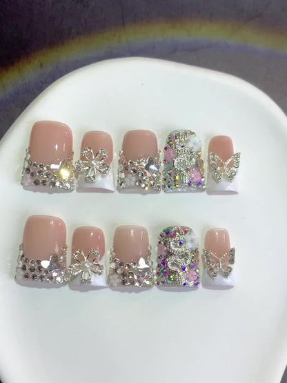 Press On Nails Ugly Cute Duckbill White French Style – Colorful AB Floral Full Cover Handmade Fake Nails | 10pcs Nail Art Set for Daily Use, Parties & Birthday Gifts, S/M/L