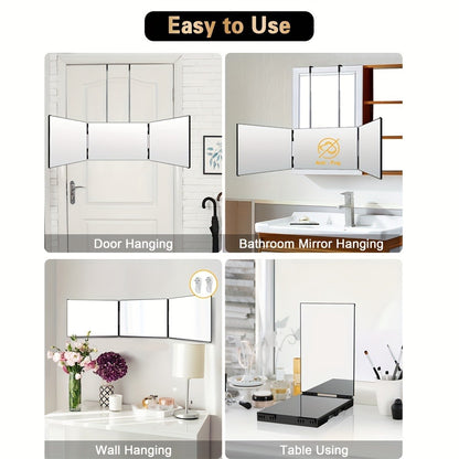 Self Haircut Mirror 3-Way with LED Light & Accessories - 360° Viewing Angle, Anti-Fog HD Glass, Height Adjustable, Door Wall Table Mount, DIY Barber Mirror for Hair Cutting Shaving Styling