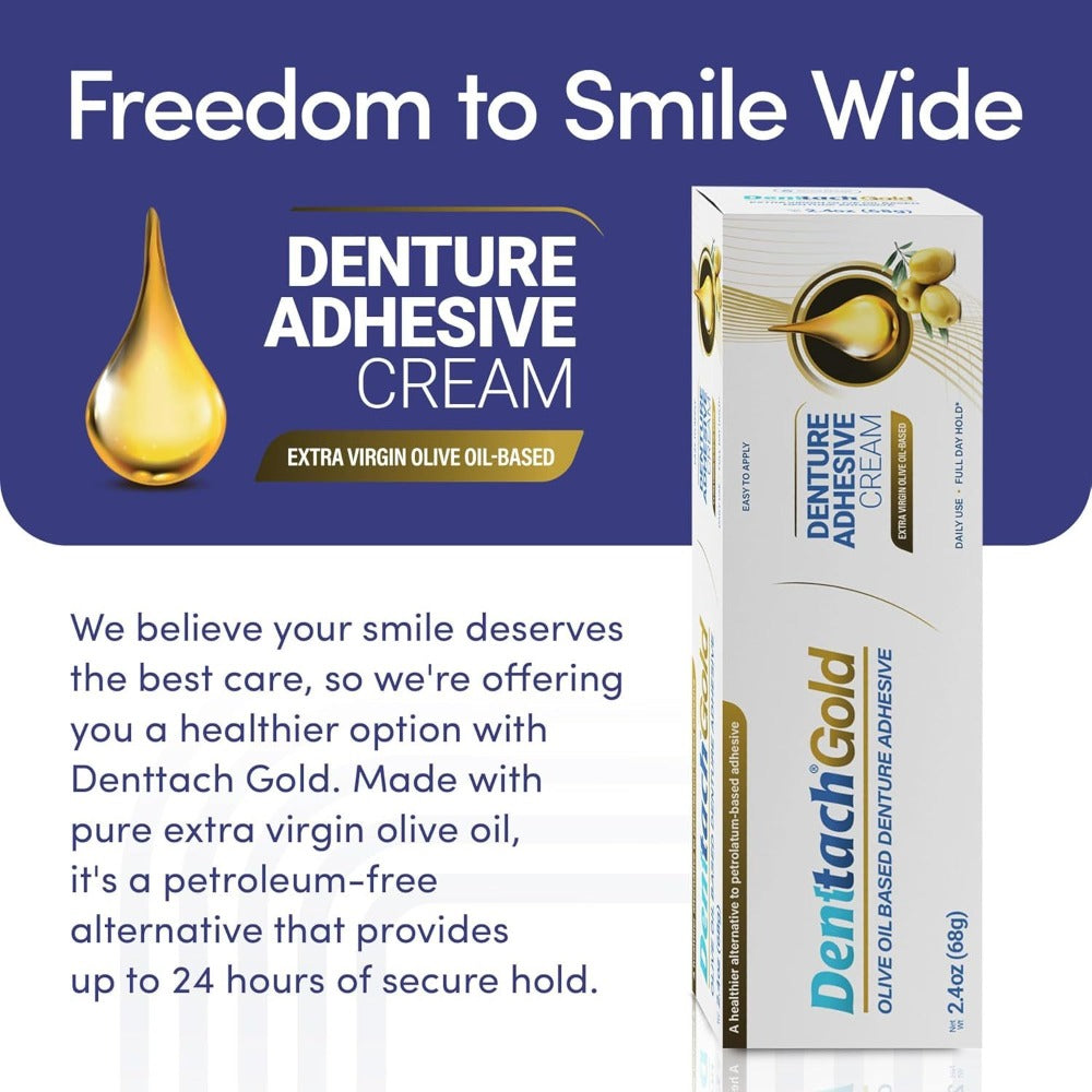 Denture Adhesive Cream Zinc-Free Olive Oil Formula - All Day Strong Hold for Full & Partial Dentures - Petroleum-Free Denture Glue 2.4 oz