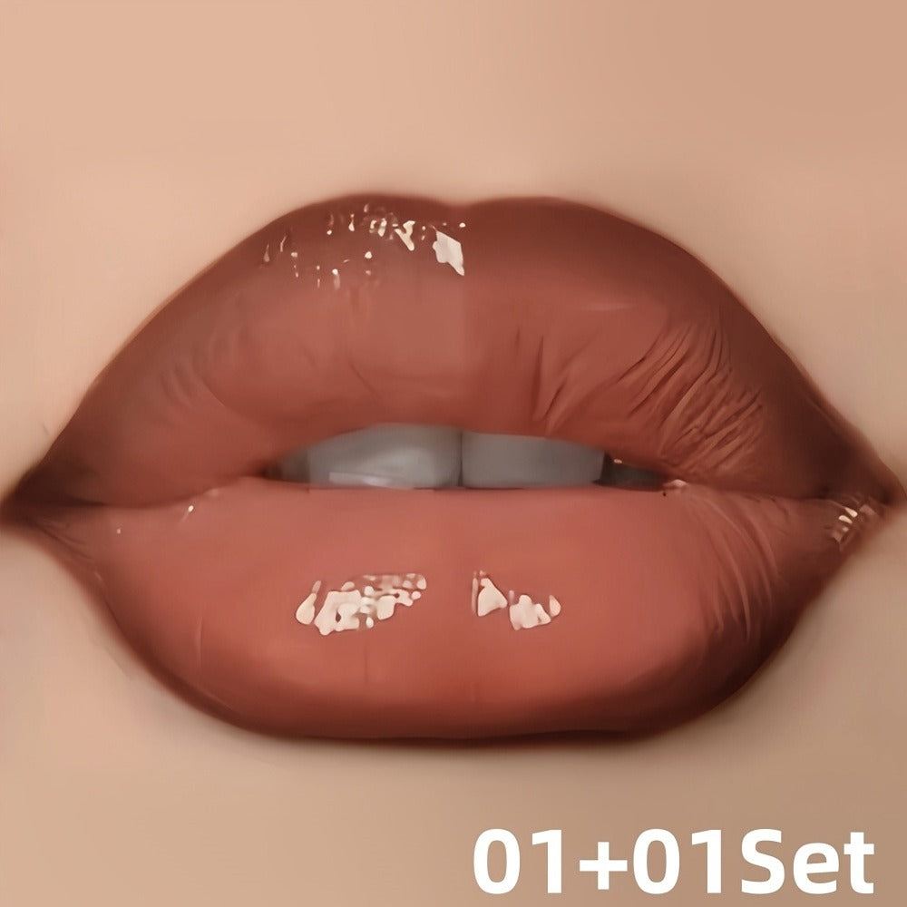 Lip Gloss & Lip Liner Set Hydrating Water-Gloss Dewy Finish - 3D Precision Contour Moisturizing Matte Liner Versatile Everyday Glam Lip Makeup Duo