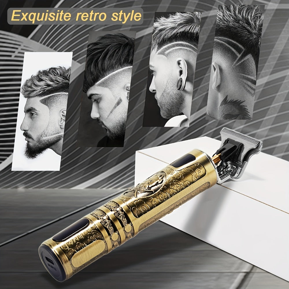T-Blade Hair Trimmer for Men - LED Display USB Rechargeable 2000mAh, Vintage Dragon & Mustache Design, 4 Combs, Cordless Precision Grooming Kit, Holiday Gift