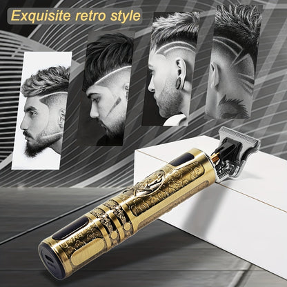 T-Blade Hair Trimmer for Men - LED Display USB Rechargeable 2000mAh, Vintage Dragon & Mustache Design, 4 Combs, Cordless Precision Grooming Kit, Holiday Gift