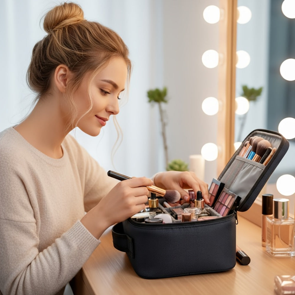 Women' Large Capacity Makeup Bag Compatible for - Brandable Cosmetic Organizer | Durable Travel Toiletry Case with Sturdy Handle, Soft Portable Beauty Storage Pouch | - Fabric for Skincare, Brushes, Lipstick ()