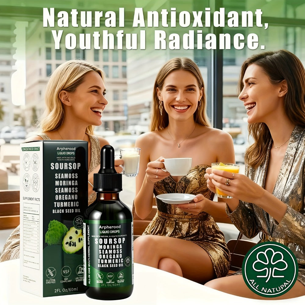 Soursop Graviola Liquid Blend | Leaf And Fruit Formula with Sea Moss, Elderberry And Black Seed Oil | High-Potency Oral Drops for Immune Wellness, Digestive Balance And Liver Care for Men And Women | 2 Fl.Oz Glass Bottle, Dietary Supplements