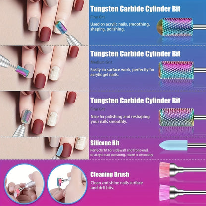 Nail Drill Bit Set Tungsten Steel & Ceramic Grinding Heads with Storage Box for Gel Removal Nail Enhancement Polishing Shaping Multi-Grit Abrasive Bands Coarse Medium Fine Electric Nail Drill Machine