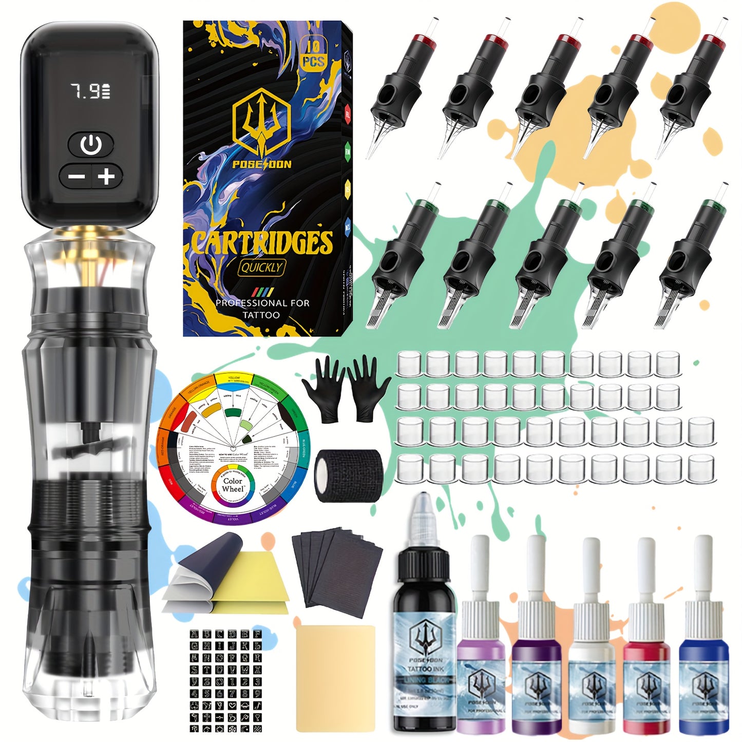 Wireless Tattoo Machine Kit Complete Set Rotary Tattoo Pen with 1400mAh Battery Digital Display 10 Cartridge Needles 6 Inks Practice Skin Beginner & Pro