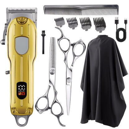 Barber Hair Clipper Kit for Men Professional USB Rechargeable Digital Size Adjustment Complete Set with Scissors 4 Limit Combs Cleaning Brush Gift for Dad Husband