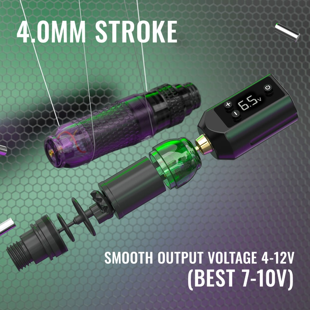 Tattoo Pen Kit VOID Wireless 1200mAh Anti-Slip Grip with 10 Cartridge Needles 5 Ink Shades 3-4 Hour Battery 4-12V Adjustable Rotary Tattoo Gun for Beginners Purple Green