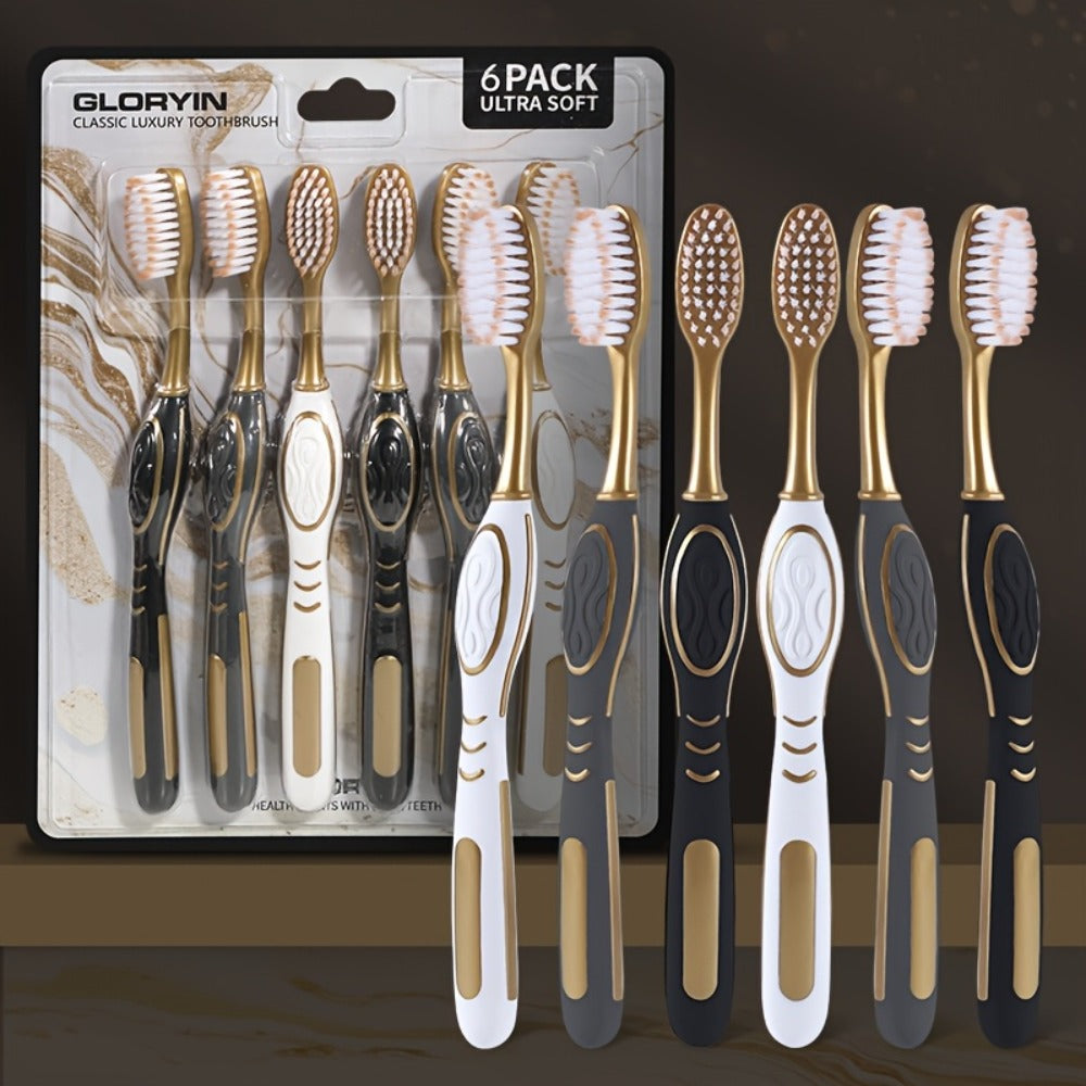 GLORYIN [6pcs Travel Set] [6pcs Travel Set X 2] White Platinum Series Olive-shaped Anti-slip Handle Travel Essential Household, Adult, Couple, Soft Bristle Toothbrush.
