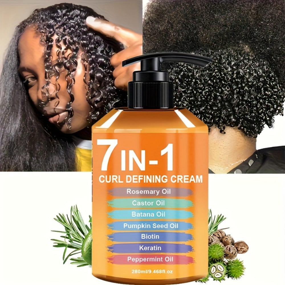 Curl Cream for Wavy & Curly Hair 7-in-1 Formula - Argan Oil, Rosemary Oil & 5 Nourishing Ingredients, Frizz Control, Long-Lasting Definition, 280ml