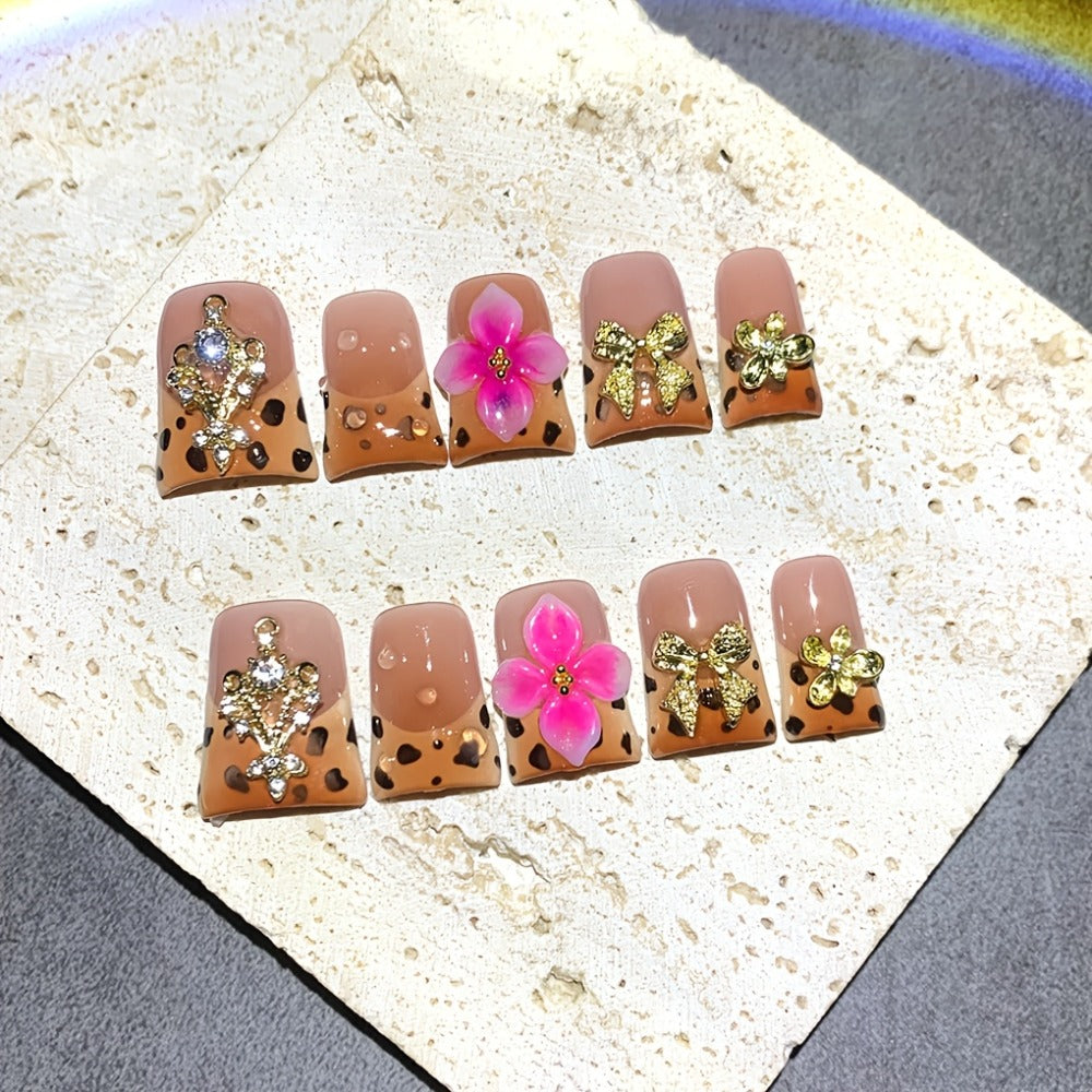 10pcs Autumn Winter 5D Handmade Carved Nails | Duckbill Shape, Glossy End, Brown & Pink Gradient with Flower & Milk Patterns, Middle Length Fake Nails for Parties, Banquets, Birthdays & Gifts