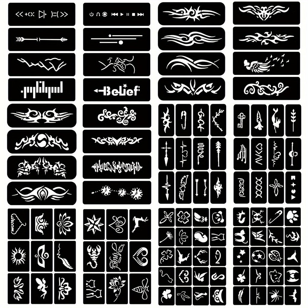 12 Sheets Temporary Tattoo Stencils Set for DIY Body Art, Unisex Hollow Design Templates with Various Patterns for Arm, Ankle, Behind Ear, Waterproof Juice Paste Freehand Ink - Creative Home Tattoo Project, Oblong Shape (Ink Not Included)