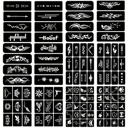 Temporary Tattoo Stencils Set 12 Sheets DIY Body Art Kit Hollow Design Templates for Arm Ankle Ear Waterproof Freehand Ink Paste Creative Home Tattoo Project Unisex