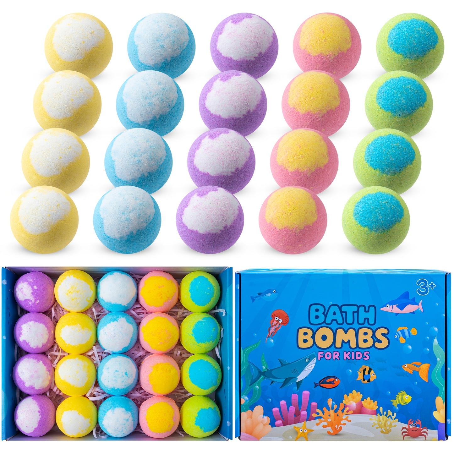 Ocean Bath Bombs Gift Set 20pcs Sea Themed Fizzy Bath Salt Balls Fun Treasure Spa Bombs for Women Kids Birthday Christmas Easter Holiday Gift Variety Pack
