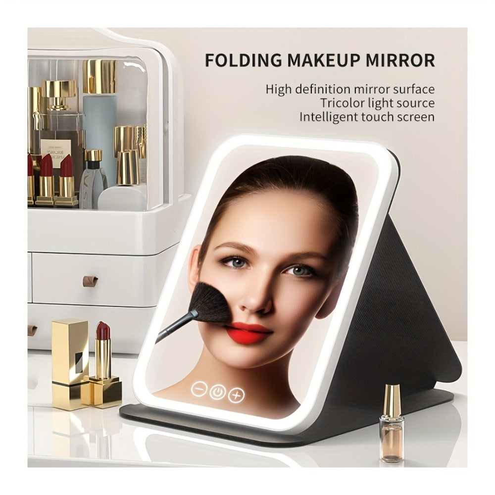 LED Makeup Mirror Folding with Touch Screen - USB Rechargeable Portable Vanity Mirror, Tri-Color Dimmable Lighting, Travel Desk Tabletop Use, Square or Round, Pink or White