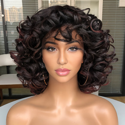 Short Curly Wig with Bangs Jerry Curl Synthetic Lace Front Wig 14 Inch Heat Resistant 13x1 Lace Wig for Women Daily Wear Cosplay Dark Brown Copper Red Dark Wine