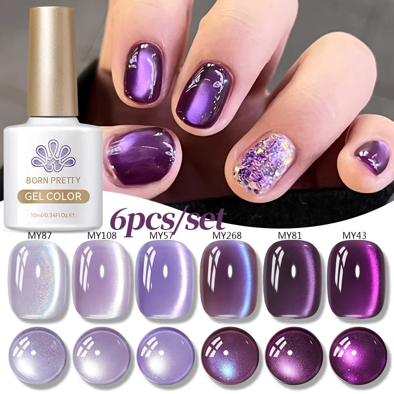 BORN PRETTY 6pcs 0.34oz Purple Cat Magnetic Gel Nail Polish Set Ultra-Bright Cat Magnetic Gel Nail Polish 6-Color Set Long-Lasting Women's Nail Art Tools