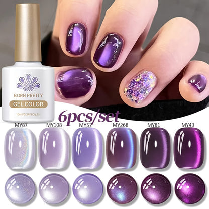 Cat Eye Gel Nail Polish Set 6 Colors Purple - Magnetic Soak Off UV LED Gel Polish 10ml Each with Ultra-Bright Cat Eye Effect - Long Lasting 30 Days Nail Art Gel for Women Salon & Home