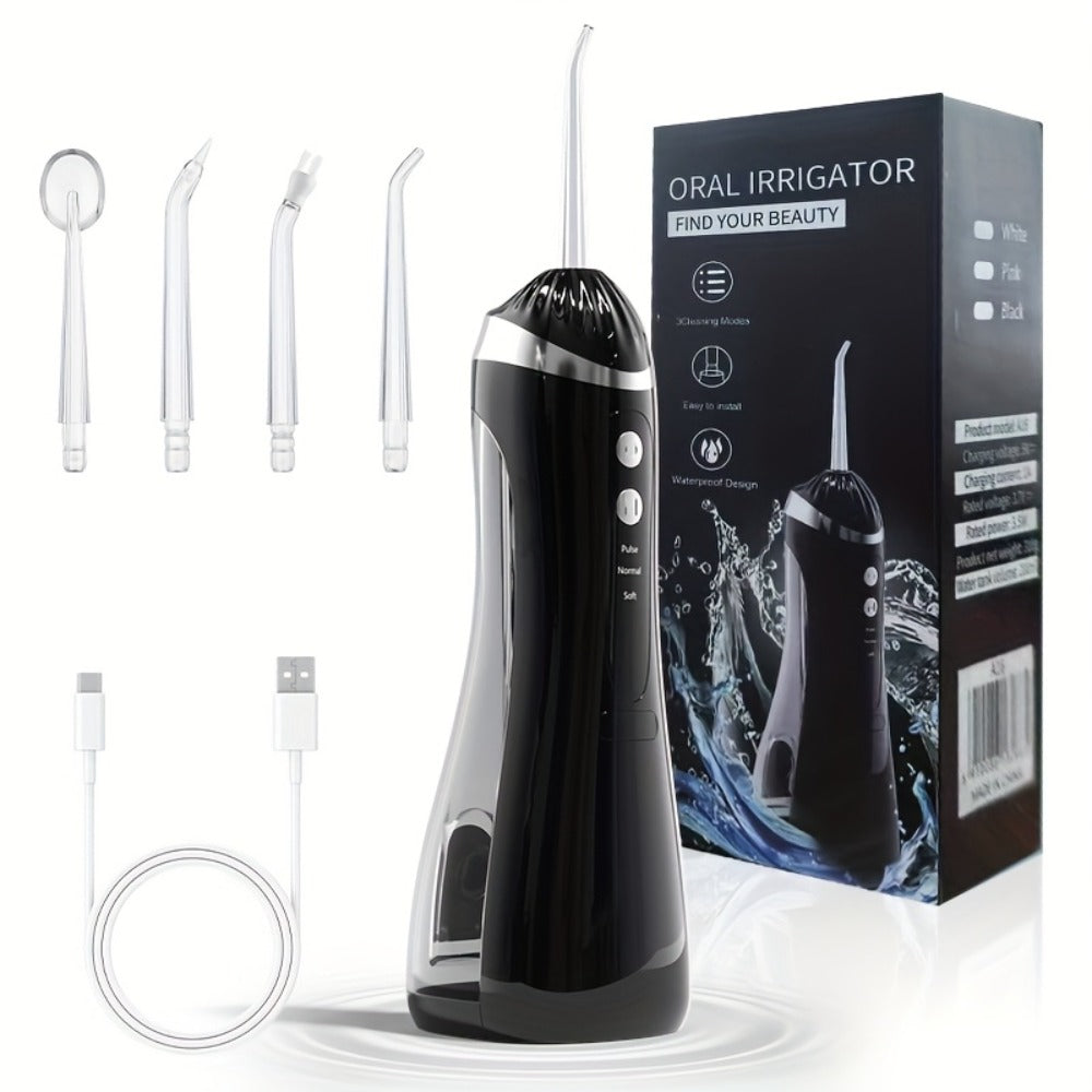 Oral Irrigator USB Rechargeable Water Flosser — 3 Cleaning Modes, Flosser Tips & Brush Head, Portable Cordless Dental Water Pick for Travel & Home Teeth Care, White Black Pink